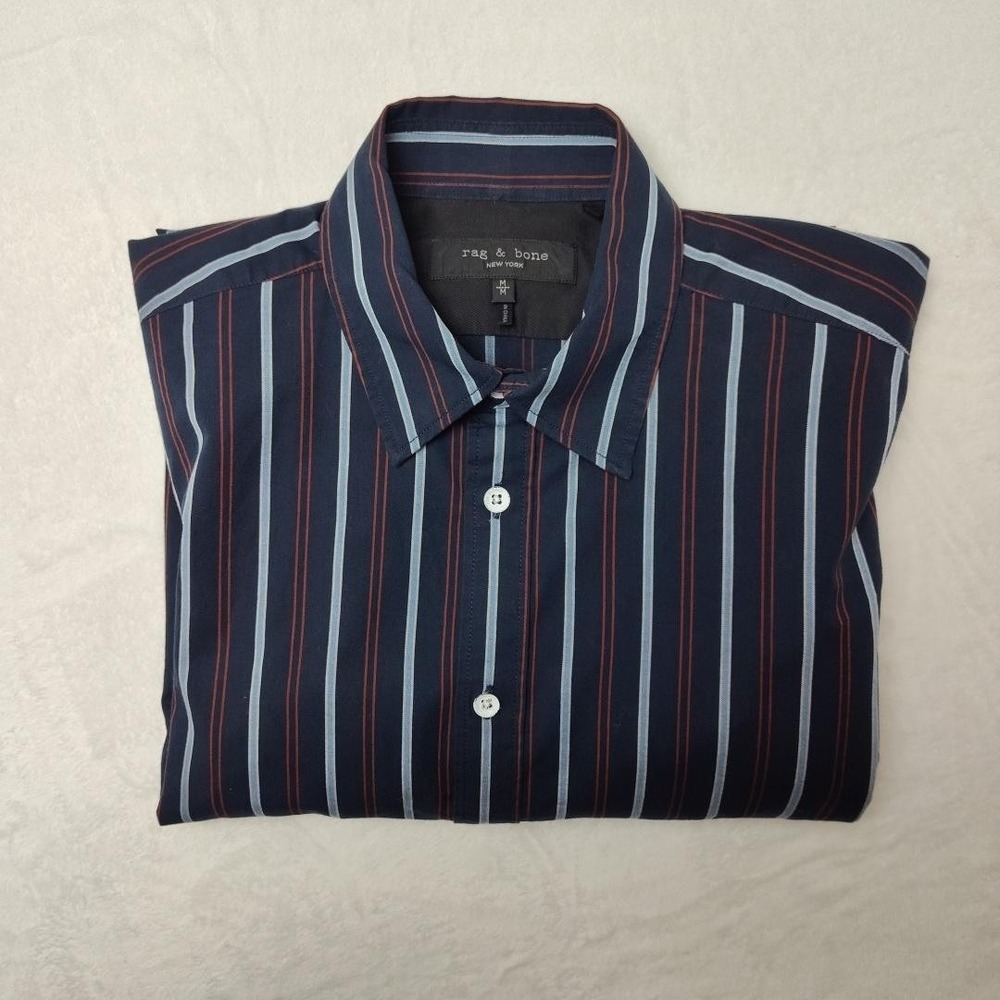 Rag & Bone Shirt Mens Medium Navy Stripe Long Sleeve Button Front Cotton Casual‎